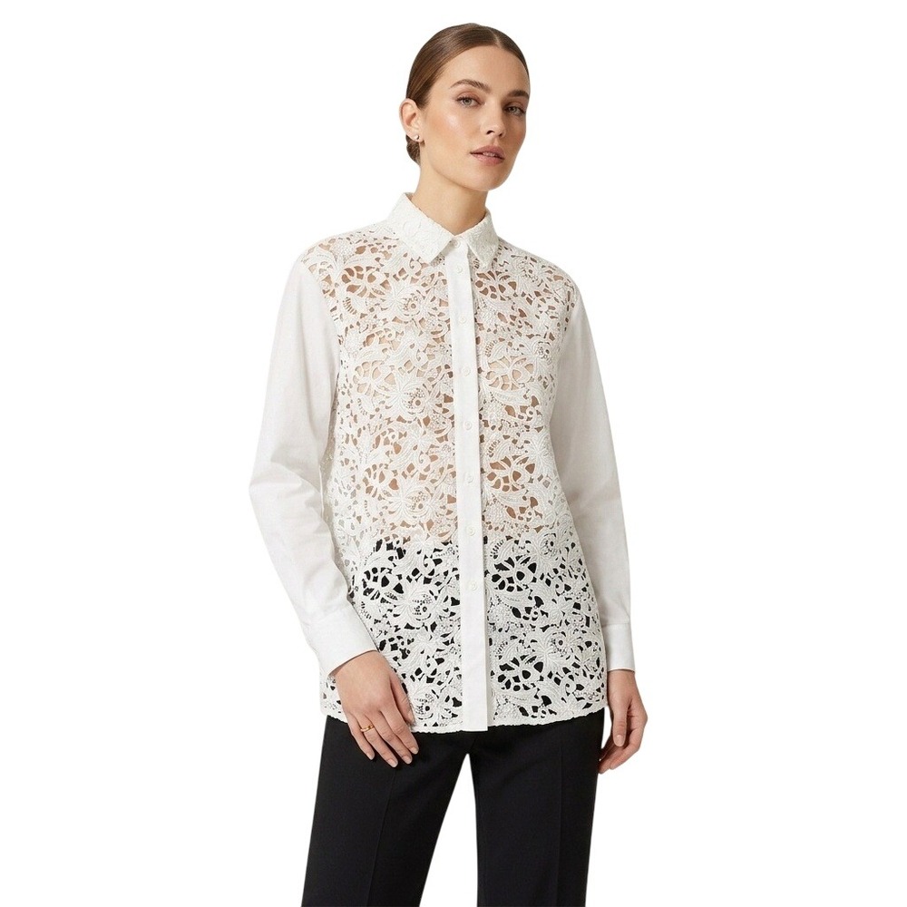Valentino White Floral‎ Guipure Lace Button Down Shirt Made in Italy Size L